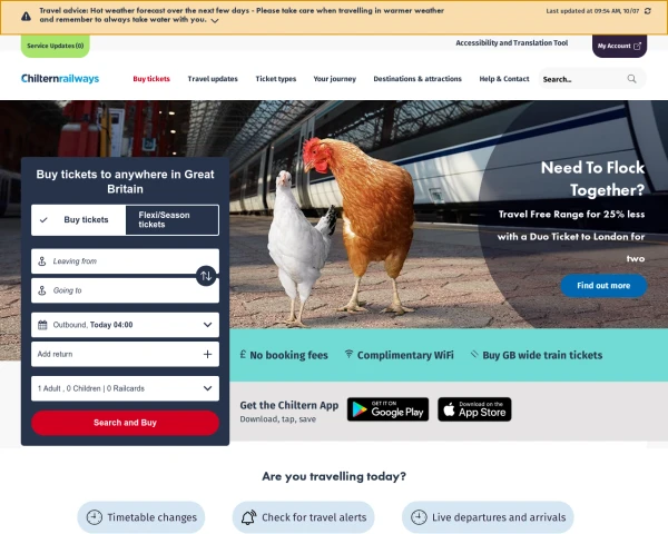 screenshot of Chiltern Railways website