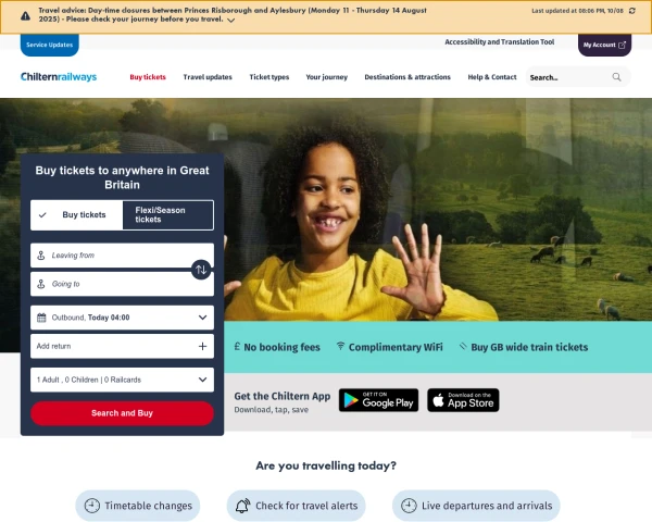 screenshot of Chiltern Railways website