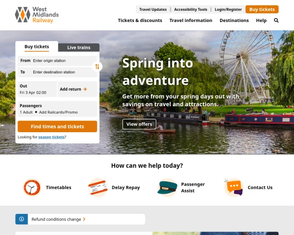 screenshot of West Midlands Railway website