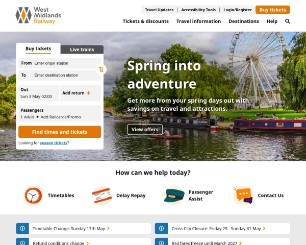 screenshot of West Midlands Railway website