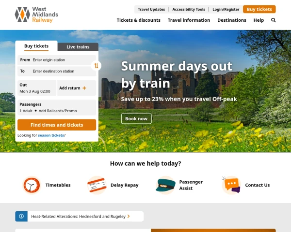 screenshot of West Midlands Railway website