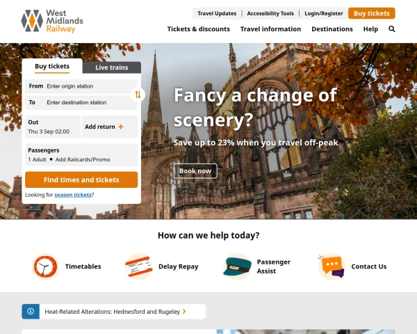 screenshot of West Midlands Railway website