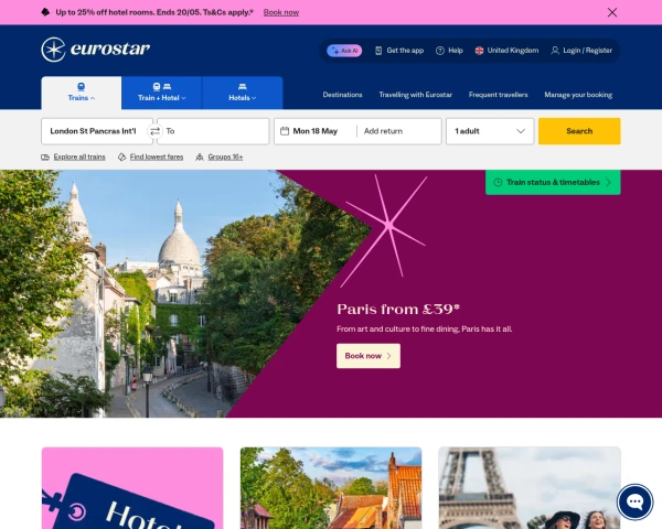 screenshot of Eurostar website