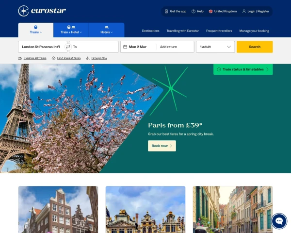 screenshot of Eurostar website