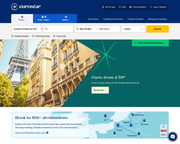 screenshot of Eurostar website
