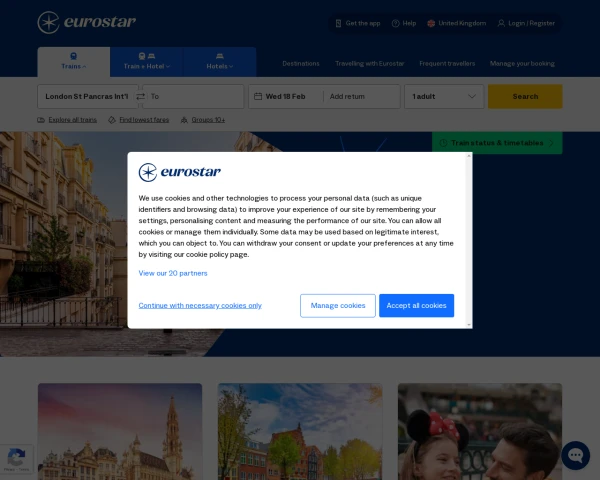 screenshot of Eurostar website