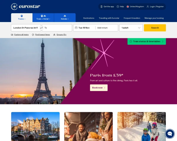 screenshot of Eurostar website