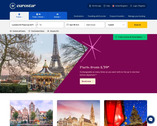 screenshot of Eurostar website