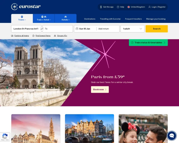 screenshot of Eurostar website
