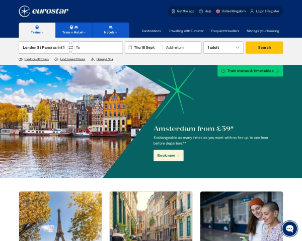 screenshot of Eurostar website