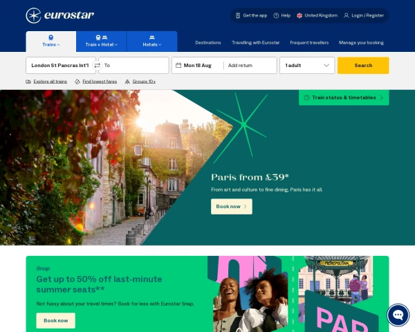 screenshot of Eurostar website