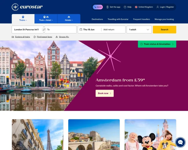 screenshot of Eurostar website