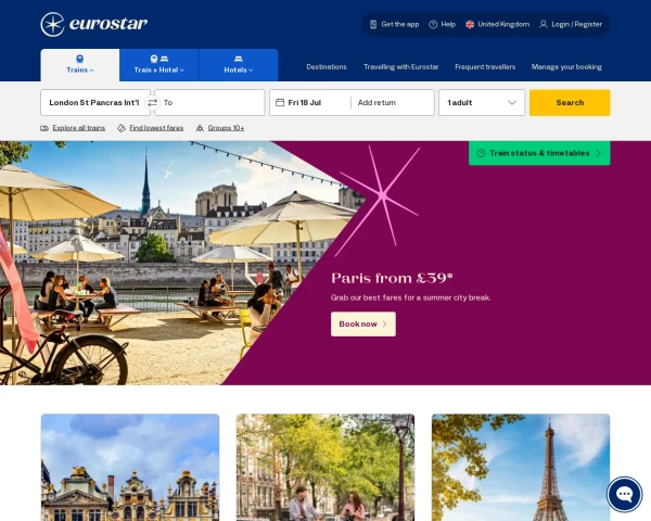 screenshot of Eurostar website