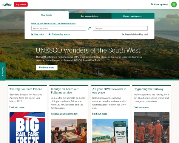 screenshot of Great Western Railway website
