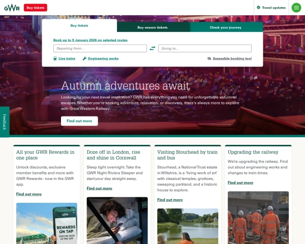 screenshot of Great Western Railway website