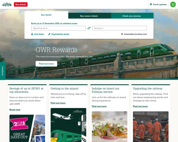 screenshot of Great Western Railway website