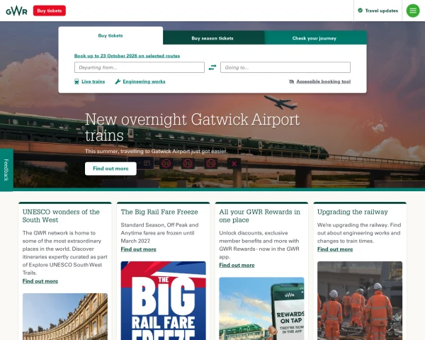 screenshot of Great Western Railway website