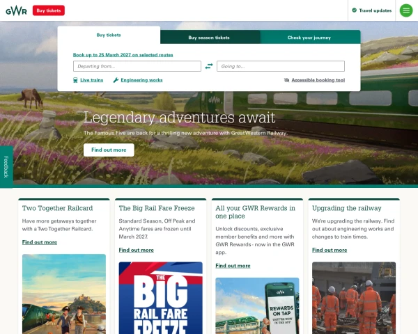 screenshot of Great Western Railway website
