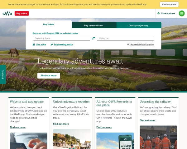 screenshot of Great Western Railway website