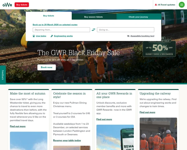 screenshot of Great Western Railway website
