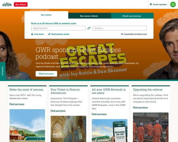 screenshot of Great Western Railway website