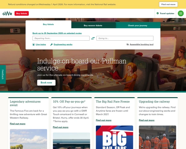 screenshot of Great Western Railway website