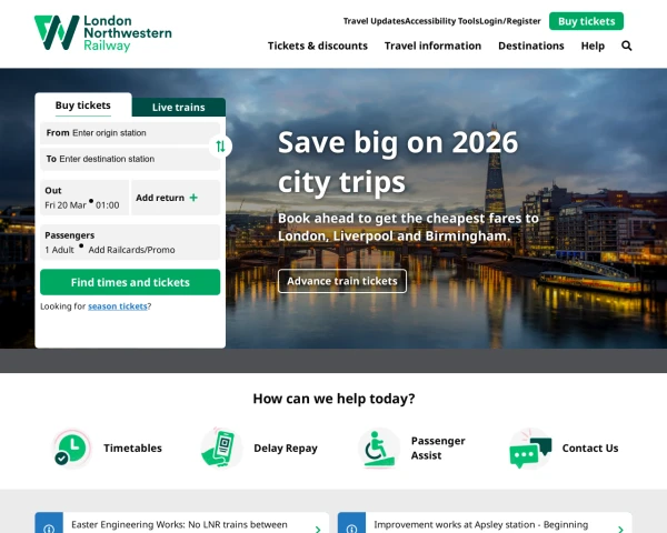 screenshot of London Northwestern Railway website