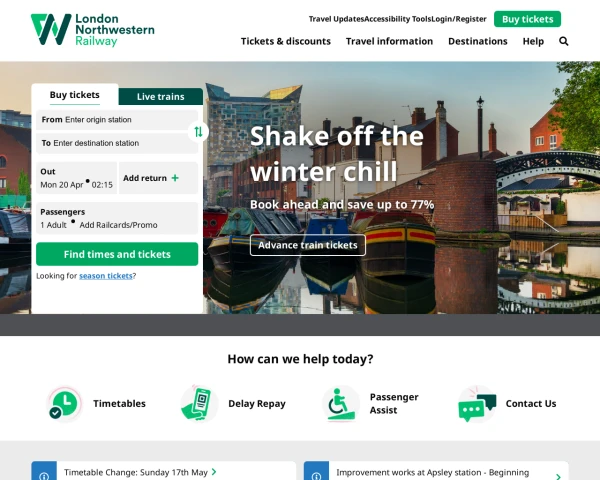 screenshot of London Northwestern Railway website