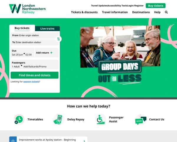 screenshot of London Northwestern Railway website