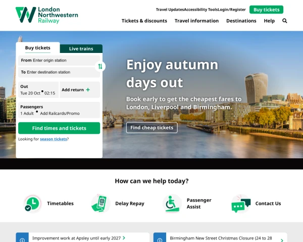 screenshot of London Northwestern Railway website