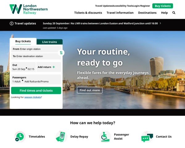 screenshot of London Northwestern Railway website