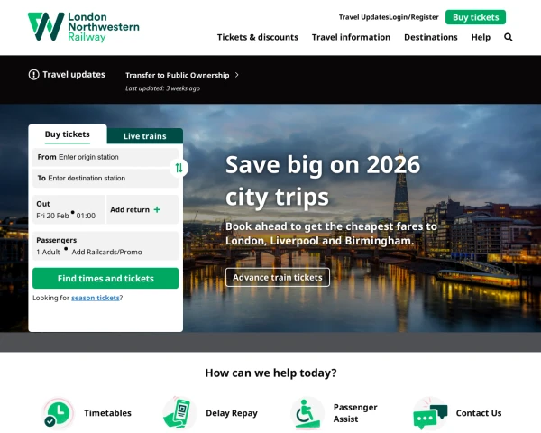 screenshot of London Northwestern Railway website
