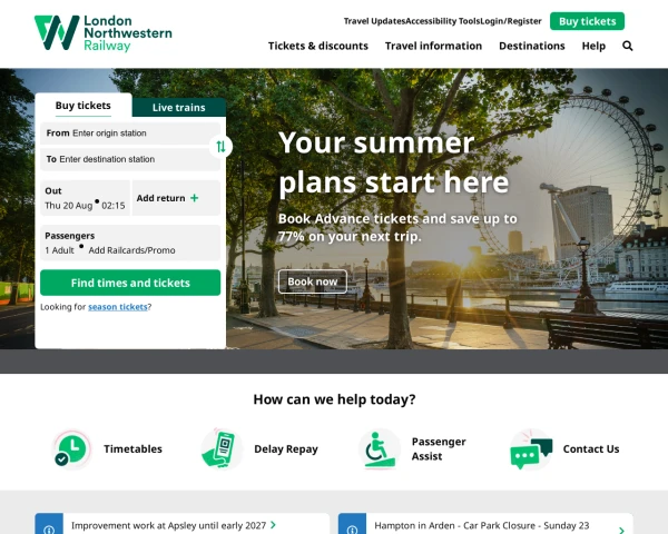 screenshot of London Northwestern Railway website