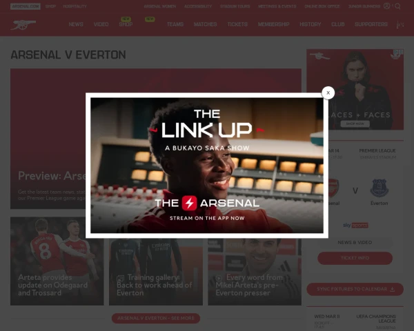 screenshot of Arsenal FC website