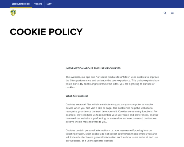 screenshot of Leeds United FC website