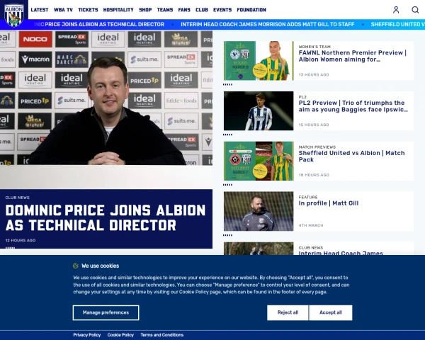 screenshot of West Bromwich Albion FC website