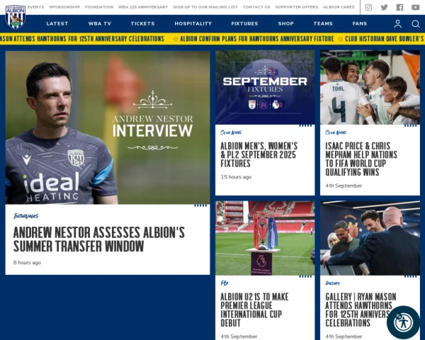 screenshot of West Bromwich Albion FC website