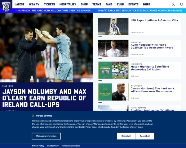 screenshot of West Bromwich Albion FC website