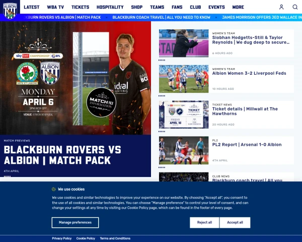 screenshot of West Bromwich Albion FC website