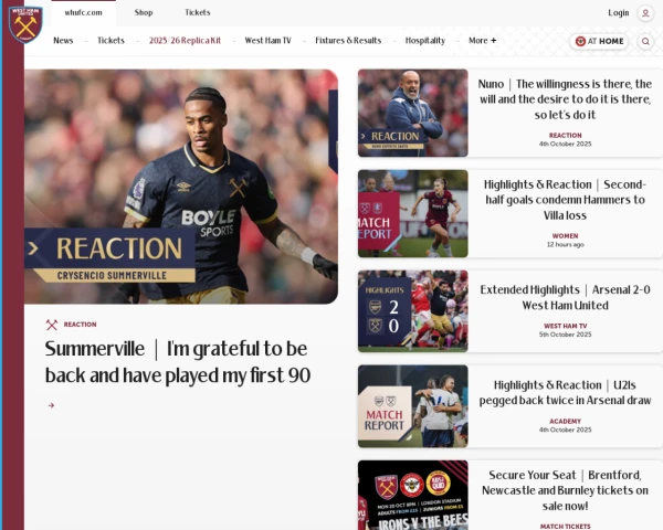 screenshot of West Ham United FC website