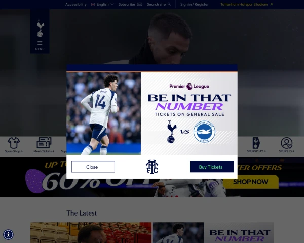 screenshot of Tottenham Hotspur FC website