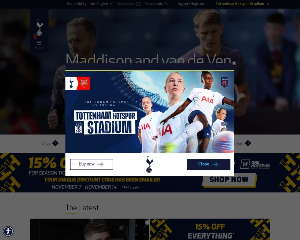 screenshot of Tottenham Hotspur FC website