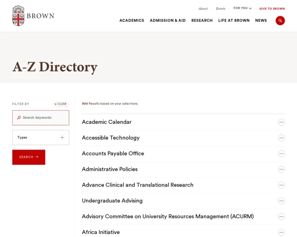 screenshot of Brown University website