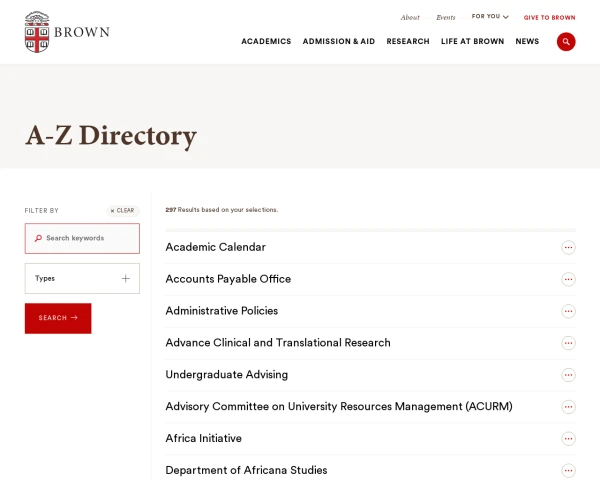 screenshot of Brown University website