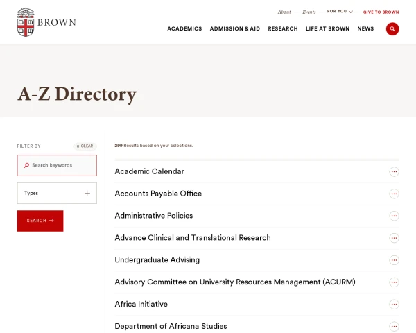 screenshot of Brown University website