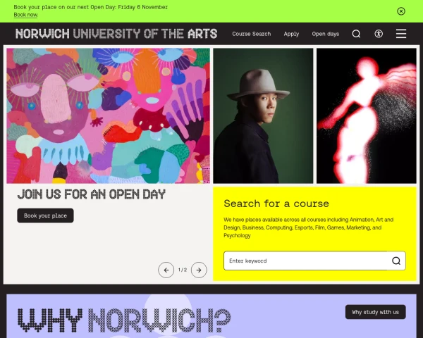screenshot of Norwich University of the Arts website