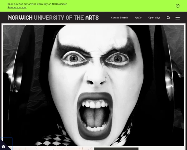 screenshot of Norwich University of the Arts website