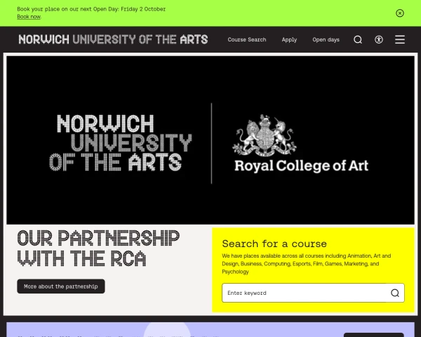 screenshot of Norwich University of the Arts website