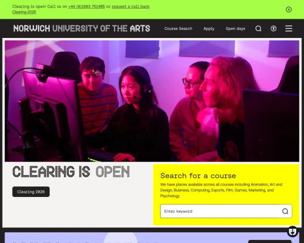 screenshot of Norwich University of the Arts website