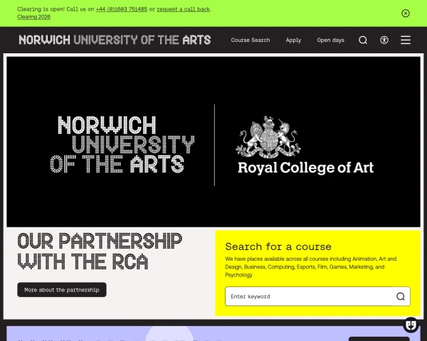screenshot of Norwich University of the Arts website